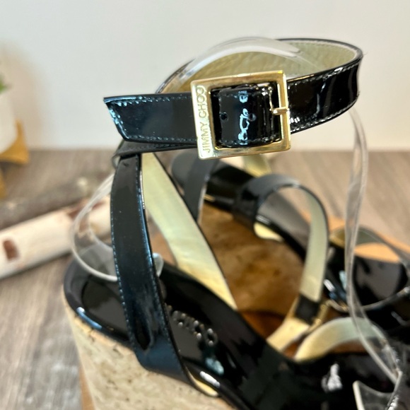 *Jimmy Choo | Papyrus Black Patent Leather Cork Wedge Platform Sandals Size37.5 - Picture 6 of 16